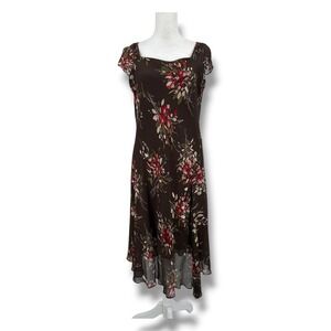 VTG Y2K 100% Silk Brown Floral Asym Hem Whimsygoth Dress XL Dark Fairy Grunge